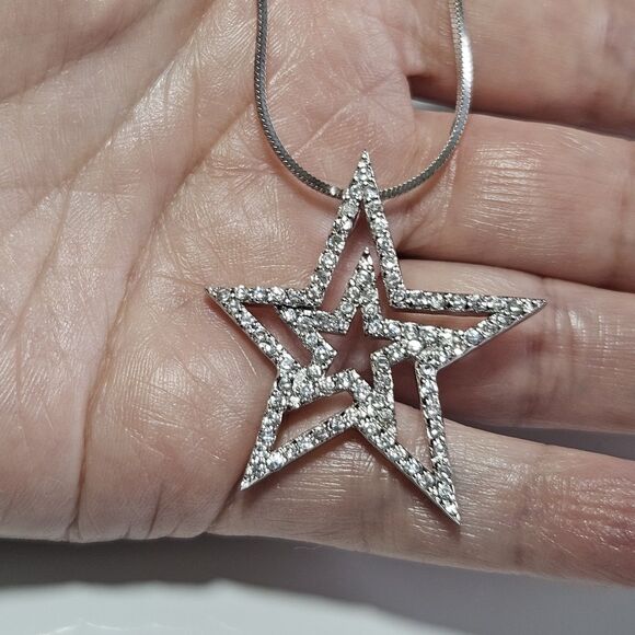 *Sale* Swarovski Sterling Silver Double Star Pendant Necklace 18" Chain - Picture 1 of 16